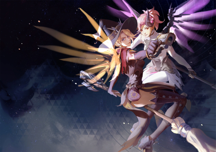 2girls achyue arm_up belt belt_pouch blonde_hair blue_eyes bodysuit boots bracelet broom broom_riding capelet dual_persona earrings elbow_gloves eyebrows food_themed_earrings gloves gun hat high_heels high_ponytail highres holding holding_weapon horns imp_mercy jewelry looking_at_viewer mechanical_wings mercy_(overwatch) multiple_girls night night_sky overwatch pink_hair pumpkin_earrings purple_wings red_eyes sky thigh-highs thigh_boots weapon wings witch witch_hat witch_mercy yellow_wings
