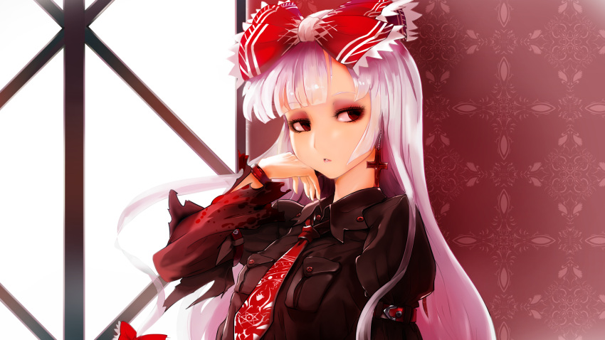 alternate_costume arm_garter bow buttons earrings eyelashes frilled_bow frills fujiwara_no_mokou hair_bow hand_in_hair highres jacket jewelry long_hair long_sleeves looking_away necktie pocket red_bow red_cross red_eyes red_jacket red_necktie silver_hair sinzan torn_clothes touhou window