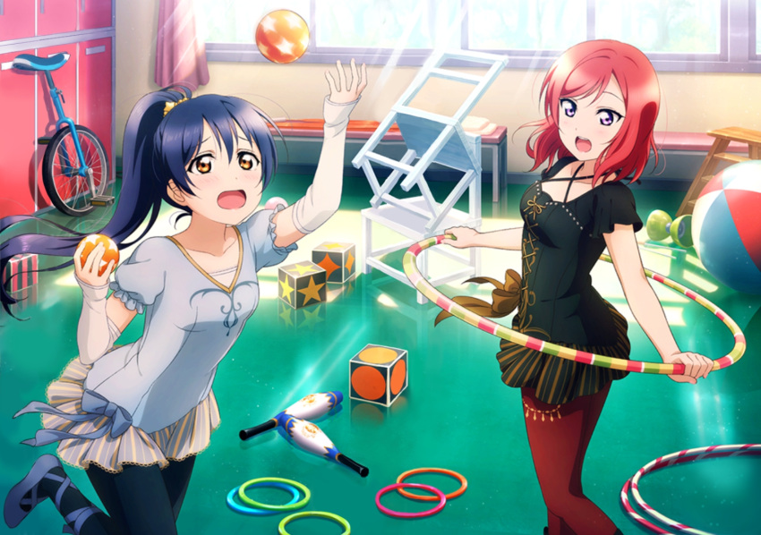 2girls ankle_lace-up ball blue_hair brown_eyes chair cross-laced_footwear dress highres holding hoop hula_hoop juggling juggling_club long_hair love_live! love_live!_school_idol_festival love_live!_school_idol_project multiple_girls nishikino_maki official_art open_mouth pantyhose ponytail puffy_sleeves redhead ribbon short_dress short_hair short_sleeves slippers smile sonoda_umi unicycle violet_eyes