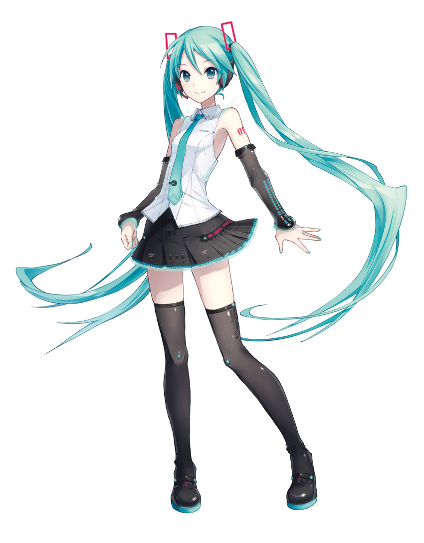 1girl aqua_eyes aqua_hair boots breasts detached_sleeves hatsune_miku headset highres ixima long_hair nail_polish necktie official_art skirt small_breasts smile solo thigh-highs thigh_boots transparent_background twintails v4x very_long_hair vocaloid zettai_ryouiki