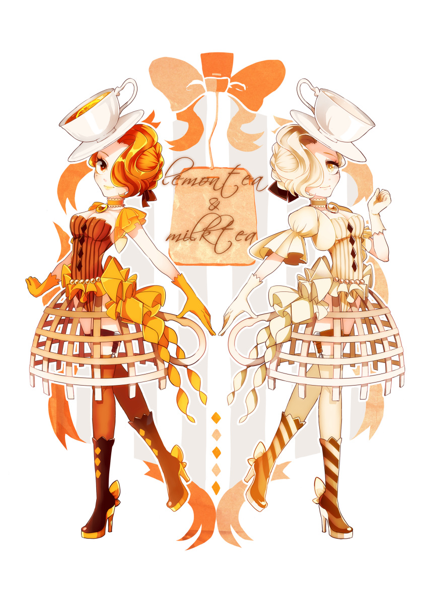 2girls absurdres blonde_hair boots breasts cleavage corset cup full_body garter_belt gloves hair_over_one_eye high_heel_boots high_heels highres hoop_skirt kisaragiyuu lipstick makeup mascara medium_breasts mole mole_under_mouth multiple_girls orange_eyes orange_gloves orange_hair orange_lipstick original personification plate ribbon siblings smile teacup thigh-highs twins white_gloves yellow_eyes