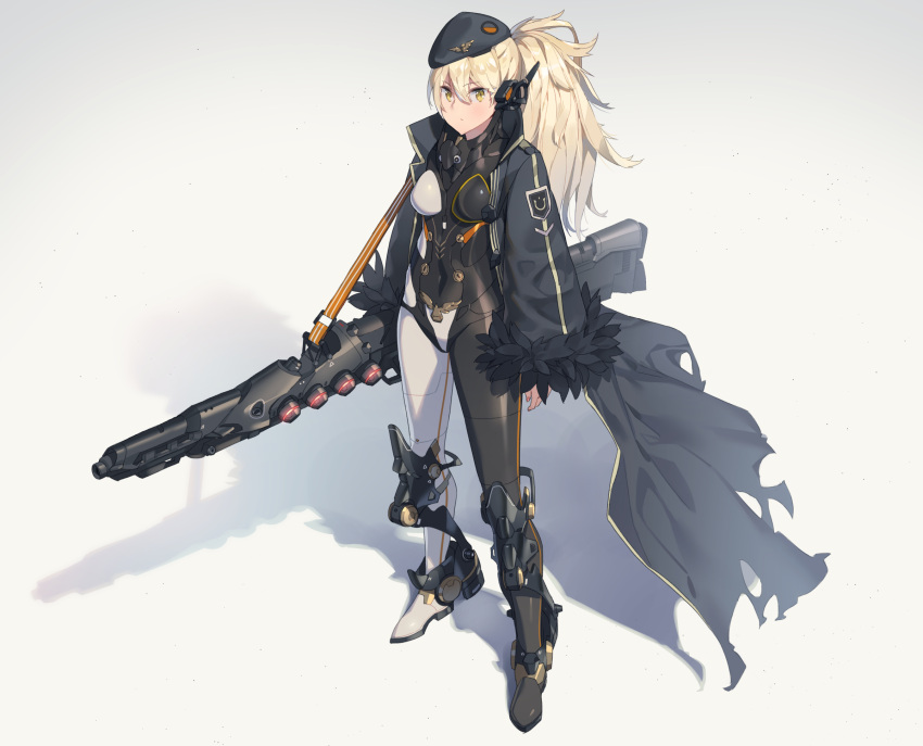 1girl armor arms_at_sides beret black_feathers black_hat black_jacket blonde_hair bodysuit breasts ddal emblem eyebrows eyebrows_visible_through_hair feather-trimmed_sleeves full_body grey_background gun hair_between_eyes hat highres jacket legs long_hair long_sleeves medium_breasts open_clothes open_jacket original over_shoulder ponytail rifle shadow simple_background skin_tight sniper_rifle standing weapon yellow_eyes