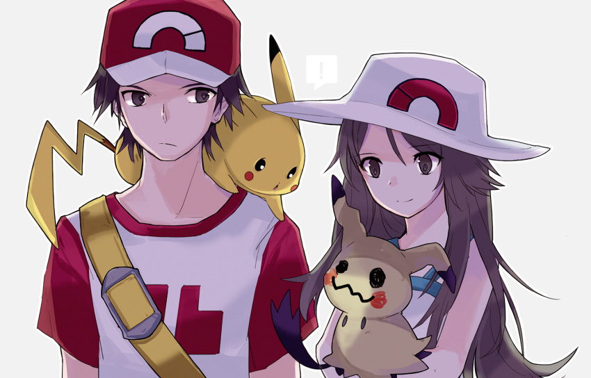 1boy 1girl baseball_cap blue_(pokemon) brown_hair hat height_difference lillin long_hair mimikyu_(pokemon) on_shoulder pikachu pokemon pokemon_(game) pokemon_sm red_(pokemon) red_(pokemon)_(sm) shirt sleeveless smile t-shirt what_if white_background