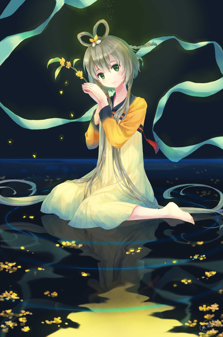 1girl absurdres barefoot black_hair blush braid dress flower from_side full_body green_eyes grey_hair hagoromo hair_flower hair_ornament hair_ribbon hair_rings head_tilt highres horizon long_hair long_sleeves looking_at_viewer looking_to_the_side low_twintails luo_tianyi miu_(pixiv4149478) orange_ribbon petals_on_water reflecting_pool ribbon ripples shawl short_hair smile solo tress_ribbon twintails very_long_hair vocaloid vocanese