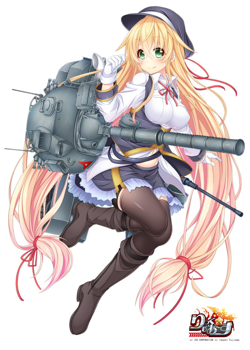 1girl black_legwear blonde_hair bow breasts character_request gloves green_eyes ground_vehicle hair_bow hair_ribbon hat highres long_hair looking_at_viewer machinery military military_vehicle motor_vehicle navel official_art personification ribbon rick_g_earth simple_background smile solo tank thigh-highs turret type_74 very_long_hair wakagi_repa white_background white_gloves zettai_ryouiki