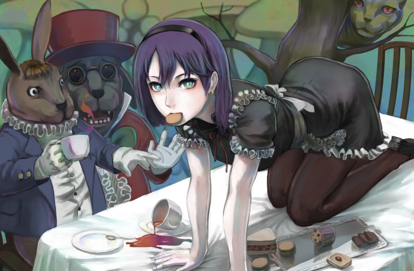 1girl alice_(wonderland) alice_in_wonderland all_fours ass black_dress black_legwear blush breasts cat cheshire_cat cookie cup dress food glasses gloves hairband hat highres jittsu looking_at_viewer mad_hatter march_hare pale_skin pantyhose purple_hair rabbit sandwich saucer short_hair spill teacup top_hat white_gloves