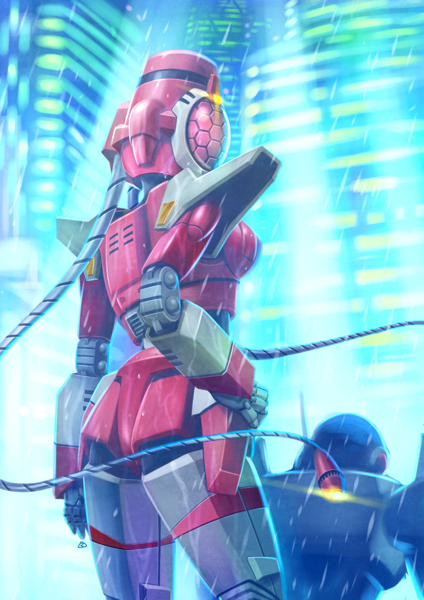 1boy 1girl ass blader breasts building cable city_lights cityscape cyberpunk hand_on_hip highres lens_flare looking_back mecha mercy_rabbit night rain realistic robot scanny science_fiction signature techno_police_21c technoid water