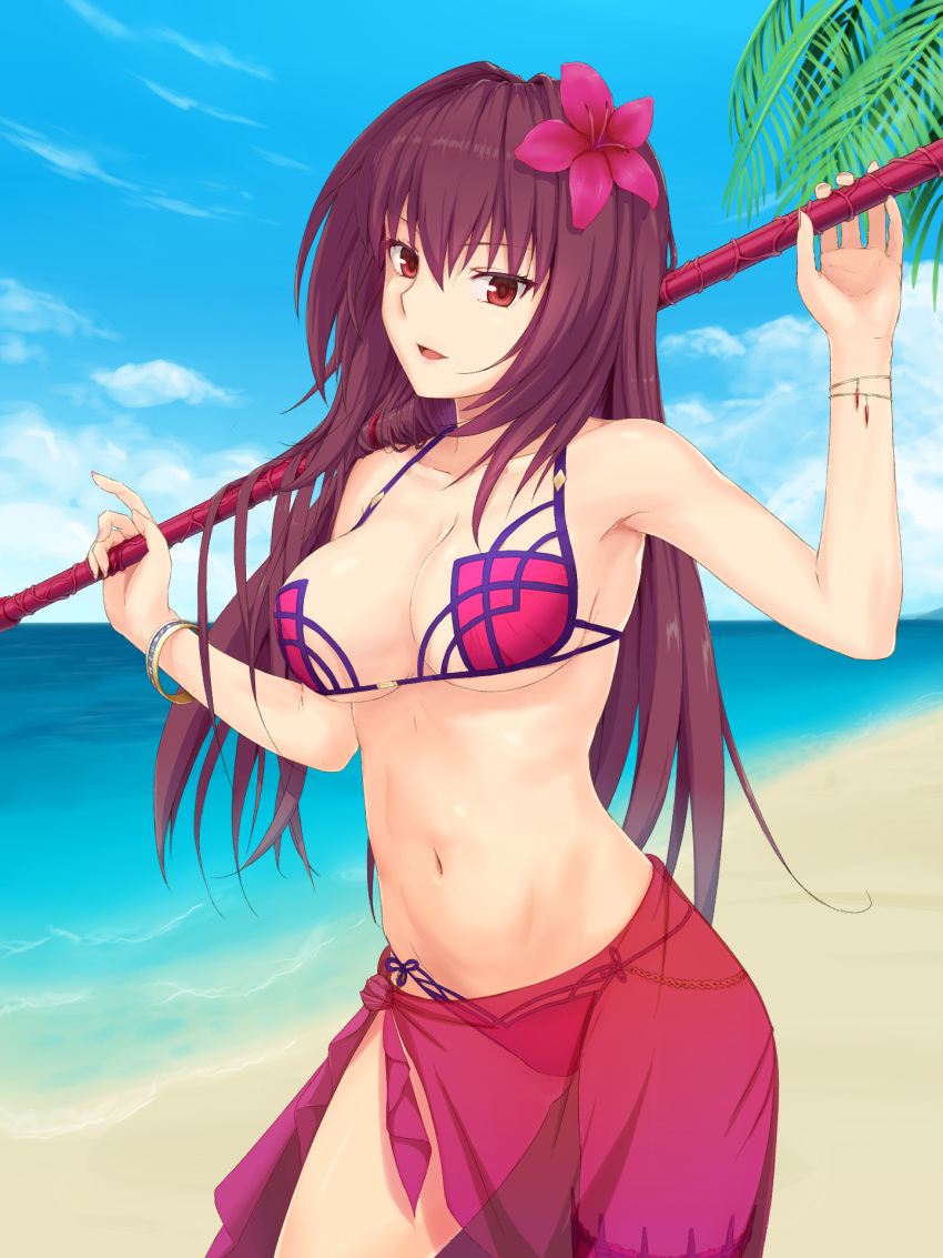 1girl beach bikini bracelet breasts cleavage day fate/grand_order fate_(series) flower gae_bolg hair_flower hair_ornament head_tilt highres jewelry large_breasts light_smile long_hair navel ocean outdoors polearm purple_hair red_eyes sakunohi_c_moon sarong scathach_(fate/grand_order) scathach_(swimsuit_assassin)_(fate) sky solo spear swimsuit weapon