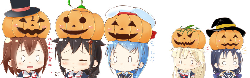 0_0 5girls :&gt; :d =_= ahoge bare_shoulders beret blonde_hair blue_hair brown_hair fingerless_gloves flying_sweatdrops gloves hair_flaps hair_ribbon halloween hat highres kantai_collection long_hair looking_away mae_(maesanpicture) multiple_girls neckerchief numbered o_o open_mouth remodel_(kantai_collection) ribbon sailor_collar samidare_(kantai_collection) scarf school_uniform serafuku shigure_(kantai_collection) shiratsuyu_(kantai_collection) short_hair sigh smile suzukaze_(kantai_collection) sweatdrop top_hat twintails twitter_username witch_hat yuudachi_(kantai_collection)