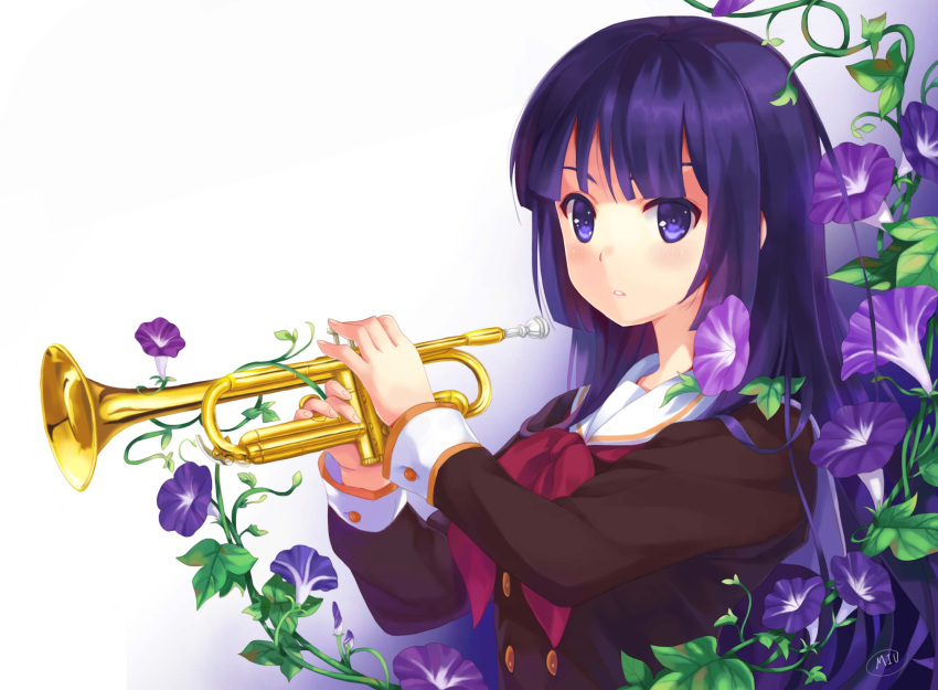 1girl absurdres blue_eyes blue_hair blush female flower from_side hibike!_euphonium highres holding holding_instrument instrument kousaka_reina long_hair long_sleeves looking_at_viewer looking_to_the_side miu_(pixiv4149478) neckerchief parted_lips school_uniform serafuku solo trumpet upper_body