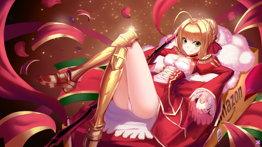 1girl ahoge amazon_(company) bare_legs blonde_hair box braid breasts brown_background cardboard_box cleavage dress epaulettes fate/extra fate/grand_order fate_(series) frilled_sleeves frills greaves green_eyes hair_ribbon highres juliet_sleeves legs_crossed light_particles long_sleeves looking_at_viewer lying mahousho on_back panties pantyshot pantyshot_(lying) puffy_sleeves red_dress red_ribbon ribbon saber_extra smile solo underbust underwear weapon white_panties wide_sleeves
