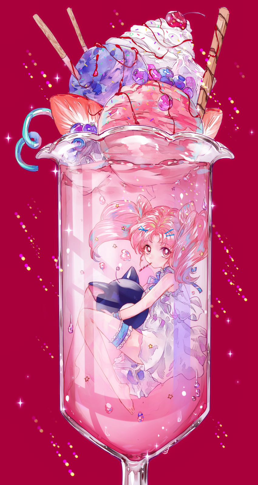 1girl ahma bangs barefoot bishoujo_senshi_sailor_moon blueberry carrying cherry chibi_usa condensation cup dessert double_bun dress drinking_glass food from_side fruit glass hair_ornament hairclip highres ice_cream ice_cream_float in_container in_cup knees_up leg_garter long_hair looking_at_viewer luna-p minigirl mouth_hold pink_background pink_hair pocky red_background red_eyes sleeveless sleeveless_dress solo sparkle strawberry strawberry_syrup submerged twintails whipped_cream white_dress wrist_cuffs