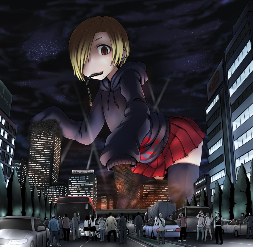 1girl bags_under_eyes black_legwear blonde_hair brown_eyes bus car city clouds debris destruction ear_piercing earrings fire from_below giantess ground_vehicle hair_over_one_eye highres hood hoodie idolmaster idolmaster_cinderella_girls jewelry motor_vehicle mouth_hold night night_sky parka people piercing searchlights shirasaka_koume short_hair sky sleeves_past_wrists terada_ochiko train