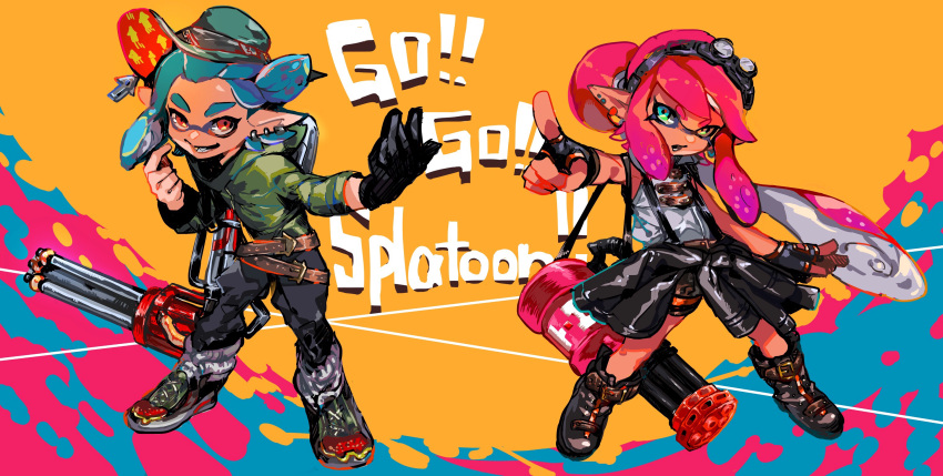 1boy 1girl alternate_hairstyle aqua_eyes bike_shorts black_gloves black_shorts blue_hair brown_eyes commentary commentary_request copyright_name dark_skin domino_mask earrings full_body gloves goggles goggles_on_head hat heavy_splatling_(splatoon) highres holding holding_weapon hydra_splatling_(splatoon) inkling irorigumi jewelry long_hair looking_at_viewer mask multiple_earrings pants parted_lips pink_hair pointy_ears shoes short_hair shorts smile splatoon standing tentacle_hair weapon