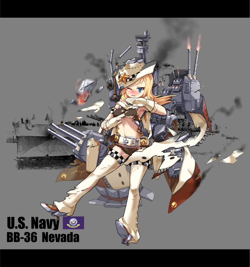 1girl absurdres anchor armpits belt black_panties blonde_hair blue_eyes blush broken cannon cape chain character_name covered_nipples cowboy_hat damaged fire flag_of_the_united_states_navy full_body gloves hat highres machinery midriff military military_vehicle nevada_(zhan_jian_shao_nyu) official_art one_eye_closed open_mouth panties photo_background propeller radar remodel_(zhan_jian_shao_nyu) ship sirills smoke solo star text thigh-highs torn_clothes turret underwear uss_nevada_(bb-36) warship watercraft white_cape white_gloves white_hat white_legwear zhan_jian_shao_nyu