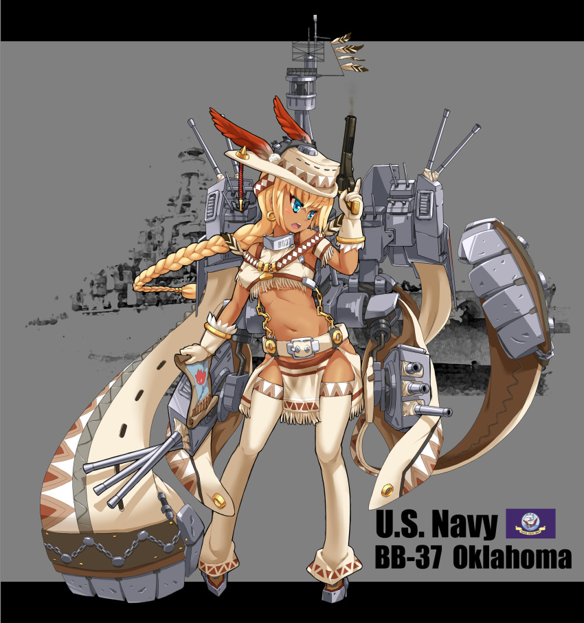 &gt;:d 1girl :d absurdres anchor arm_up belt blonde_hair blue_eyes blush braid breasts cannon cape chain character_name covered_nipples dark_skin feathers flag_of_the_united_states_navy full_body gloves gun handgun hat highres holding holding_gun holding_weapon legs_apart long_hair looking_to_the_side machinery mechanical_arms midriff military military_vehicle navel official_art oklahoma_(zhan_jian_shao_nyu) open_mouth pelvic_curtain photo_background poster_(object) radar remodel_(zhan_jian_shao_nyu) revolver ship sirills smile solo standing teeth text thigh-highs trigger_discipline turret under_boob uss_oklahoma_(bb-37) warship watercraft weapon white_gloves white_hat white_legwear zhan_jian_shao_nyu