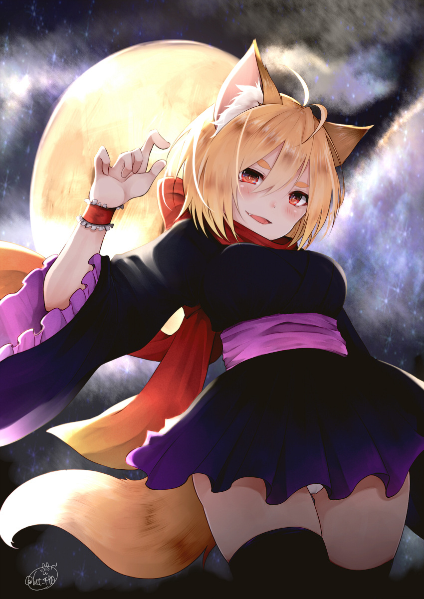 1girl animal_ears antenna_hair arm_up black_legwear blonde_hair breasts chita_(ketchup) commentary_request fang fox_ears fox_girl fox_tail frilled_sleeves frills full_moon hair_between_eyes highres japanese_clothes kimono looking_at_viewer looking_down medium_breasts moon night night_sky obi original outdoors panties pantyshot parted_lips red_eyes red_scarf sash scarf short_kimono signature sky solo star_(sky) starry_sky tail thigh-highs twitter_username underwear white_panties wide_sleeves wristband yukata