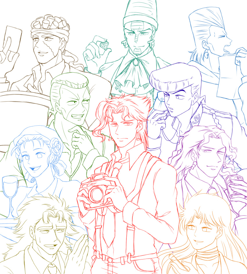 anchor_symbol bandana camera choker cup diamond drinking_glass earrings erina_pendleton f_chiyo facial_mark flower grin hair_flower hair_ornament headband higashikata_jousuke highres jean_pierre_polnareff jewelry jojo_no_kimyou_na_bouken kakyouin_noriaki kars_(jojo) lineart long_hair messy_hair mohammed_avdol necktie nijimura_okuyasu open_mouth paper pompadour ponytail robert_eo_speedwagon rose scar smile stud_earrings suspenders suzi_q sweatdrop tattoo terence_trent_d'arby tray whistle wine_glass