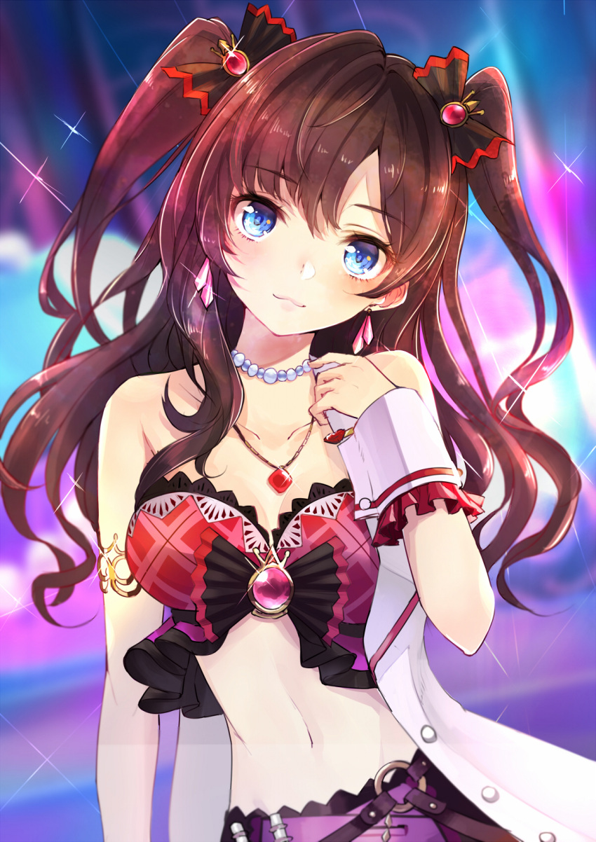 1girl :3 armlet bare_shoulders bead_necklace beads black_bow blue_eyes blush bow breasts brooch brown_hair bustier cleavage closed_mouth collarbone earrings hair_bow head_tilt highres ichinose_shiki idol idolmaster idolmaster_cinderella_girls jewelry long_hair looking_at_viewer medium_breasts midriff minato_(shouno) navel necklace pendant smile solo stomach two_side_up upper_body wrist_cuffs