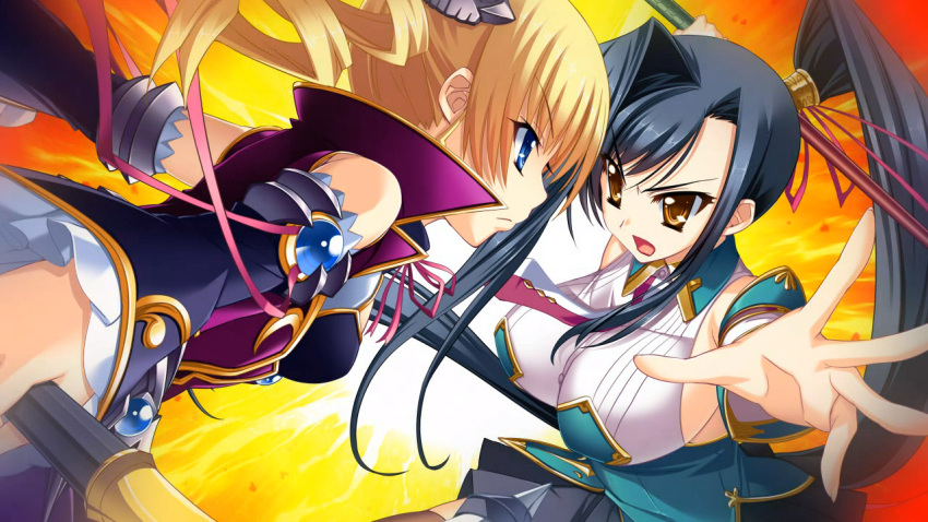 2girls bare_shoulders black_hair blonde_hair blue_eyes body_offscreen breasts closed_mouth detached_sleeves drill_hair eyebrows eyebrows_visible_through_hair fighting fingernails frilled_sleeves frills fringe from_side gem hair_ornament hair_ribbon head_to_head holding holding_weapon jewelry jpeg_artifacts kan'u kantaka katagiri_hinata koihime_enbu koihime_musou large_breasts long_hair looking_at_another multiple_girls open_mouth orange_eyes outstretched_hand pink_ribbon ponytail ribbon screencap sideboob skirt small_breasts sousou upper_body very_long_hair weapon