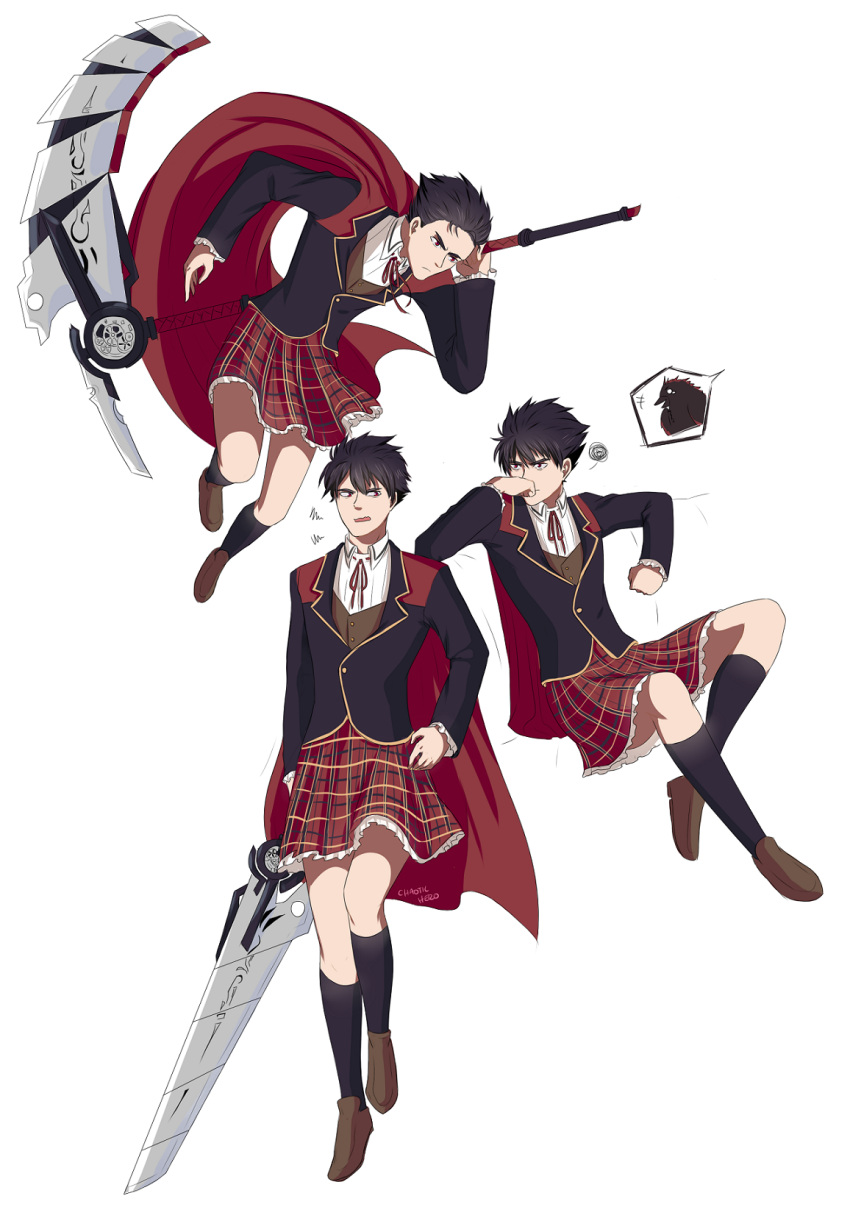 1boy annoyed artist_name black_hair black_legwear cape chaotichero crossdressinging highres kneehighs looking_to_the_side male_focus open_mouth plaid plaid_skirt pleated_skirt qrow_branwen red_eyes rwby school_uniform scythe signature simple_background skirt spiky_hair teenage wavy_mouth white_background younger
