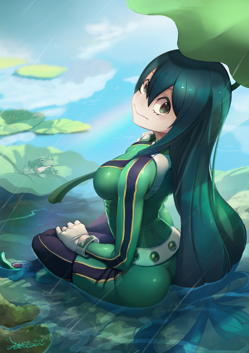 1girl asui_tsuyu black_eyes black_hair boku_no_hero_academia breasts crow_aberdeen dated frog gloves highres indian_style lily_pad long_hair looking_at_viewer signature sitting solo very_long_hair water white_gloves