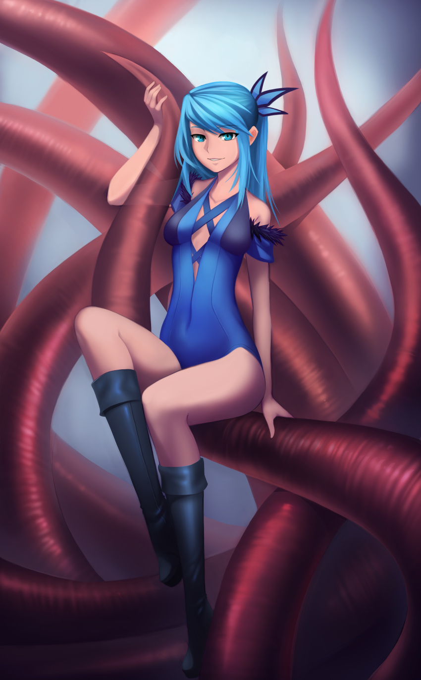 1girl absurdres bare_shoulders black_boots blue_eyes blue_hair boots commentary covered_navel highres leotard long_hair looking_at_viewer original smile solo tentacles toniwing