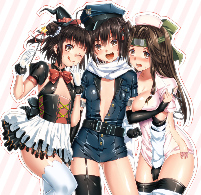 +_+ 3girls belt black_gloves black_hair black_legwear breasts brown_eyes brown_hair cosplay cuffs double_bun elbow_gloves fang fingerless_gloves flat_chest frilled_skirt frills garter_straps girl_sandwich gloves handcuffs hat headband highres jintsuu_(kantai_collection) kantai_collection keita_(tundereyuina) large_breasts multiple_girls naka_(kantai_collection) nurse nurse_cap one_eye_closed open_clothes police police_uniform policewoman sandwiched scarf sendai_(kantai_collection) short_hair single_thighhigh skirt small_breasts thigh-highs tongue tongue_out two_side_up uniform wand white_legwear white_scarf witch_hat