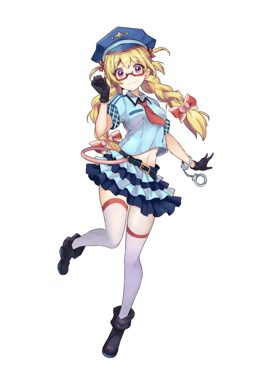 1girl black_gloves blonde_hair braid cuffs fujisaki_(graphic_loops) full_body glasses gloves handcuffs hat highres midriff nakamoto_hifumi navel necktie official_art police_hat red-framed_eyewear simple_background solo thigh-highs toys_drive two_side_up white_background white_legwear