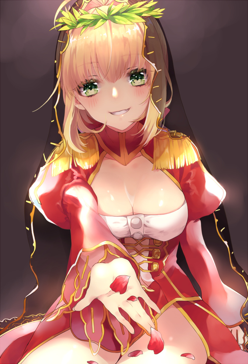 1girl blonde_hair blush breasts cleavage commentary_request dress epaulettes fate/grand_order fate_(series) green_eyes highres ichinosenen laurel_crown looking_at_viewer outstretched_arm parted_lips petals red_dress saber_extra smile solo veil