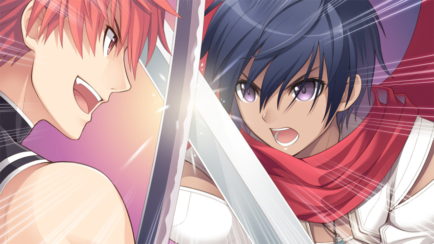 2boys bare_shoulders blade_arcus_from_shining blue_hair close-up ears fighting fringe game_cg holding holding_weapon jewelry katana light_rays looking_at_another male_focus multiple_boys necklace open_mouth orange_eyes orange_hair out_of_frame rage_(shining_blade) red_scarf rick_elwood scarf sharp_teeth shining_(series) shining_blade shining_hearts short_hair simple_background sword sword_clash tanaka_takayuki teeth tongue violet_eyes weapon