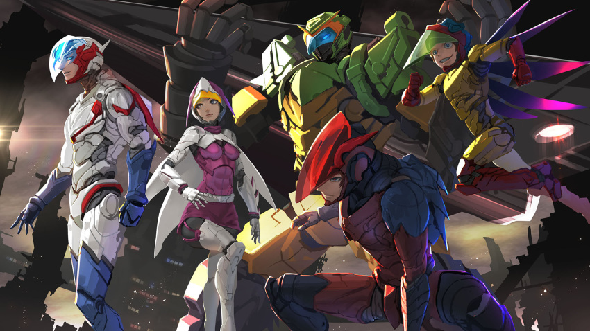 1girl 4boys everyone gatchaman highres jinpei_the_swallow joe_the_condor jun_the_swan ken_the_eagle looking_at_viewer mechanical_wings multiple_boys power_armor redesign ryu_the_owl sunkilow visor visor_(armor) wings