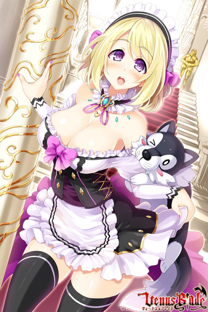 1girl black_legwear blonde_hair breasts cleavage collarbone copyright_name dog eyebrows eyebrows_visible_through_hair heart highres indoors kikyou-0423 large_breasts looking_at_viewer nail_polish open_mouth purple_nails purple_ribbon ribbon short_hair skirt_hold solo stairs strapless thigh-highs venus_blade violet_eyes