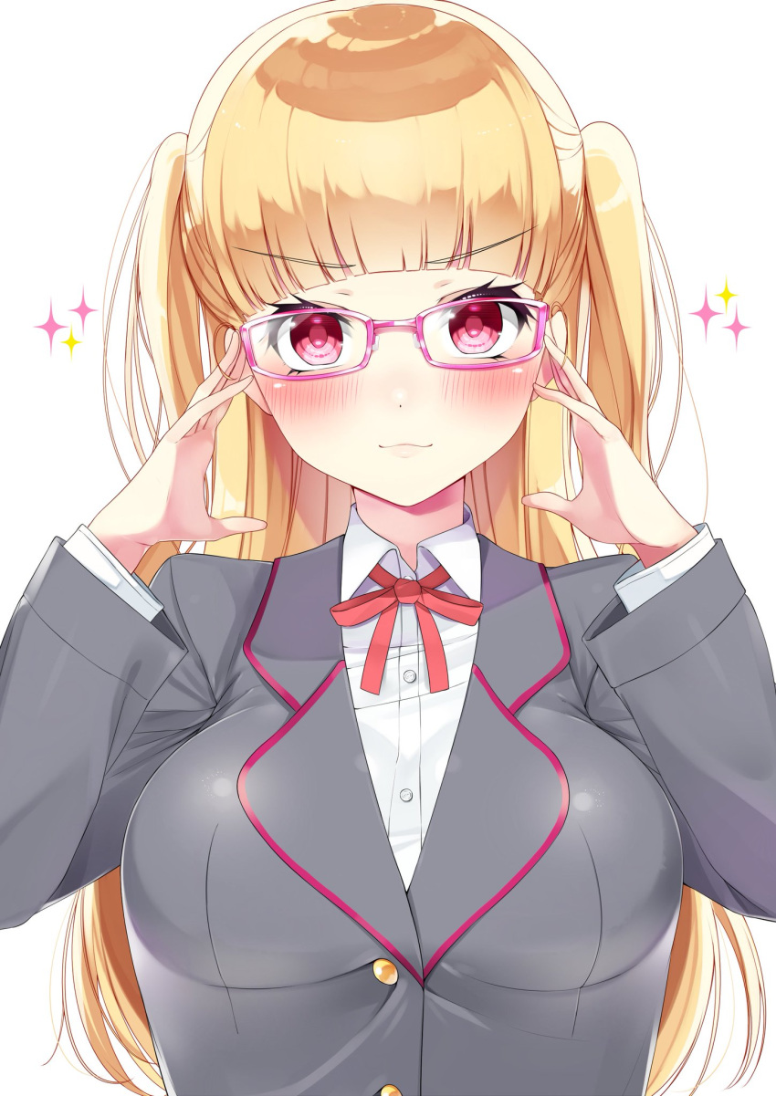 1girl adjusting_glasses blonde_hair blush breasts collared_shirt eyebrows eyebrows_visible_through_hair glasses highres large_breasts long_hair looking_at_viewer neck_ribbon nezumi_doshi pink-framed_eyewear red_eyes red_ribbon ribbon school_uniform shirt simple_background solo sparkle_background tokyo_7th_sisters two_side_up uesugi_u_kyouko upper_body white_shirt