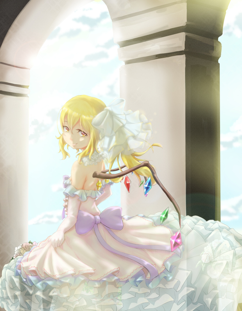 1girl blonde_hair bow bride dress elbow_gloves fang_out flandre_scarlet flower frilled_dress frills gloves highres lavender_bow ling_huanxiang long_hair looking_at_viewer looking_back open-back_dress pillar side_ponytail skirt_hold smile solo tagme touhou transparent_bow wedding_dress white_dress white_gloves wings yellow_eyes