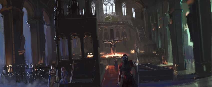 4girls candle character_request church cross crossed_arms highres holding holding_weapon indoors jeanex long_hair multiple_girls original polearm scenery sitting spear sword weapon