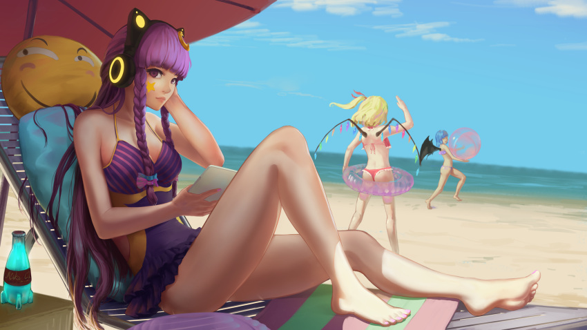 3girls animal_ears axent_wear back ball bangs bare_legs barefoot bat_wings beach beach_chair beachball bikini black_wings blue_sky blunt_bangs bottle bow braid breasts cat_ear_headphones closed_mouth clouds crescent crescent_hair_ornament day fake_animal_ears fallout flandre_scarlet frilled_swimsuit frills glowing hair_bow hair_ornament halterneck hand_on_head hand_up headphones highres holding horizon innertube knee_up legs_apart liquid long_hair looking_at_viewer multiple_girls nail_polish nuka_cola ocean one-piece_swimsuit one_side_up outdoors patchouli_knowledge pillow pink_nails purple_bikini purple_hair purple_swimsuit red_bikini remilia_scarlet running sand sarena shade short_hair siblings side_braid side_cutout sisters sitting sky small_breasts smiley_face solo_focus standing striped striped_bow striped_swimsuit swimsuit tablet_pc touhou transparent twin_braids very_long_hair violet_eyes wings