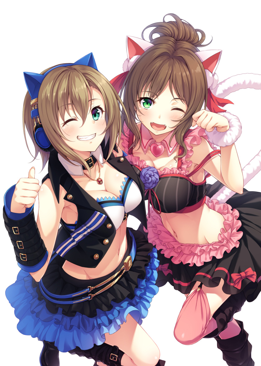 2girls animal_ears asterisk_(idolmaster) breasts brown_hair cat_ears cat_tail cleavage fang green_eyes hasumi_(hasubatake39) headphones highres idolmaster idolmaster_cinderella_girls long_hair looking_at_viewer maekawa_miku midriff multiple_girls navel one_eye_closed open_mouth over_the_collar paw_pose ponytail short_hair smile tada_riina tail thumbs_up