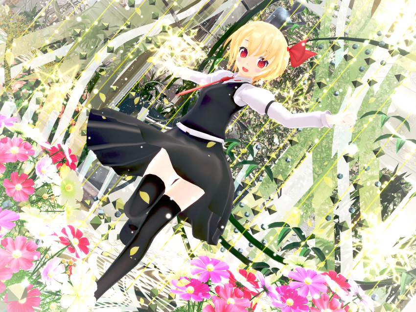 1girl 3d blonde_hair blush_stickers commentary dutch_angle fang flower hair_ribbon happy highres kurogoma_(glassesgurasan) leaf light_particles looking_at_viewer magic mikumikudance necktie open_mouth outstretched_arms plant red_eyes ribbon rumia short_hair skirt solo spinning standing standing_on_one_leg statue thigh-highs touhou