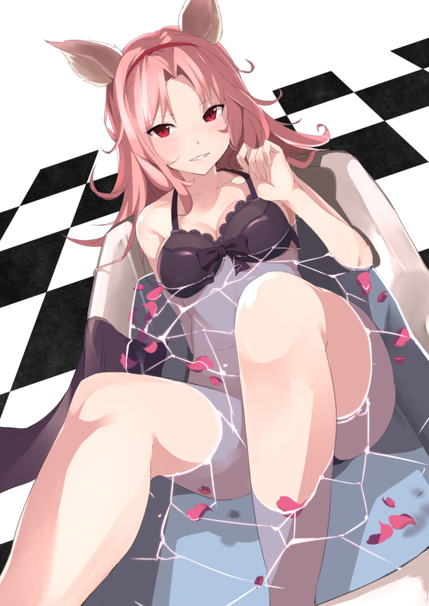 1girl animal_ears bath bathtub bikini black_bikini breasts cat_ears catharine_(granblue_fantasy) checkered checkered_floor collarbone commentary_request granblue_fantasy hairband highres looking_at_viewer medium_hair parted_lips partially_submerged perspective petals pink_hair red_eyes sato_(samanosuke_0710) solo strap_pull swimsuit water