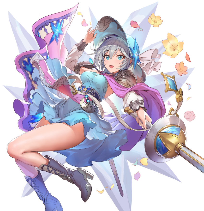 1girl absurdres anastasia_(idolmaster) baby-doll blue_eyes boots cape dress elbow_gloves flower gloves granblue_fantasy hat high_heel_boots high_heels highres holding holding_weapon idolmaster idolmaster_cinderella_girls jewelry knee_boots necklace rapier scabbard sheath short_dress short_hair shoulder_pads silver_hair smile solo sparkle sword weapon