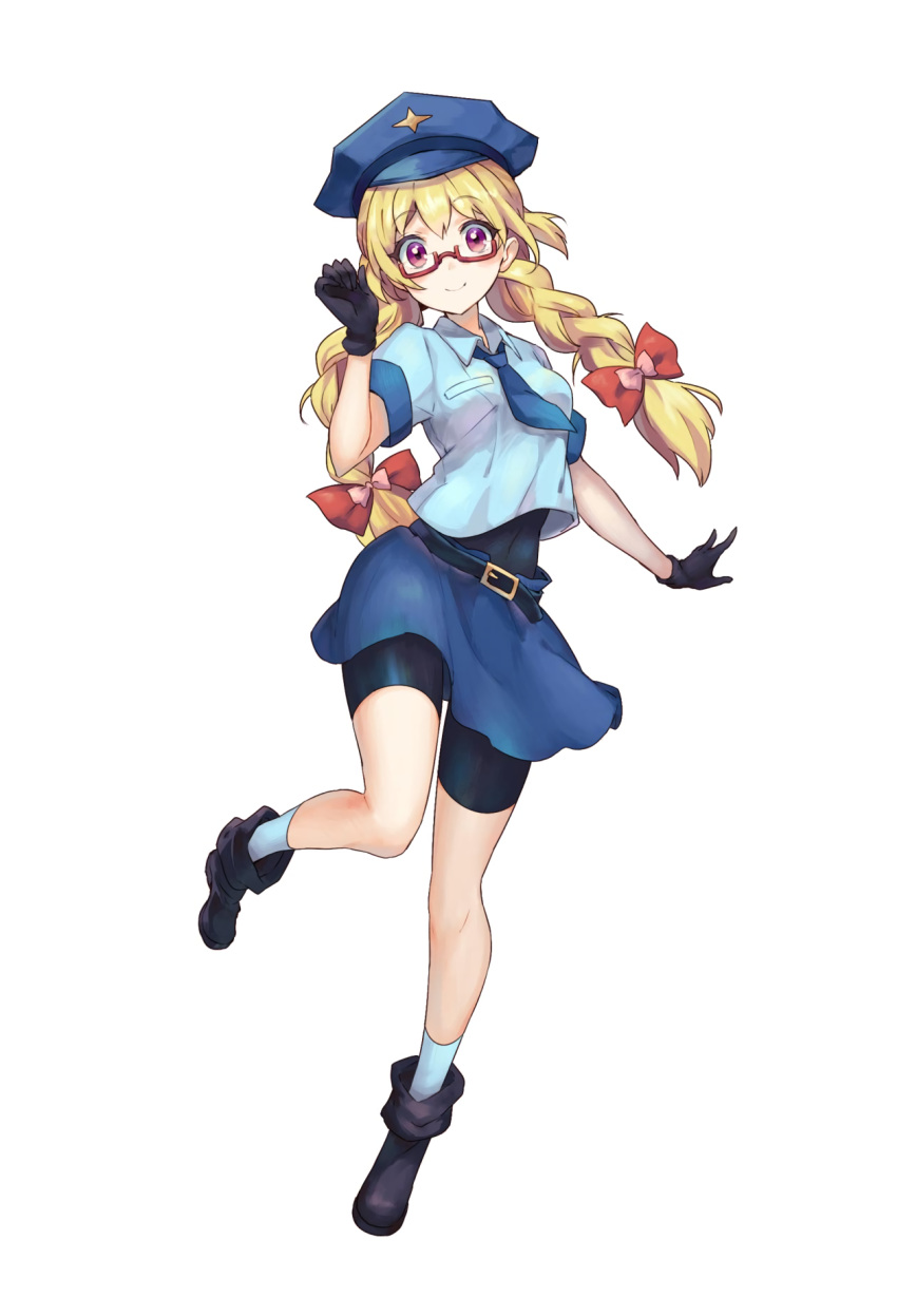 1girl bike_shorts black_gloves blonde_hair braid fujisaki_(graphic_loops) full_body glasses gloves hat highres long_hair looking_at_viewer low-tied_long_hair nakamoto_hifumi necktie official_art police_hat red-framed_eyewear semi-rimless_glasses short_sleeves simple_background skirt smile solo toys_drive twin_braids white_background