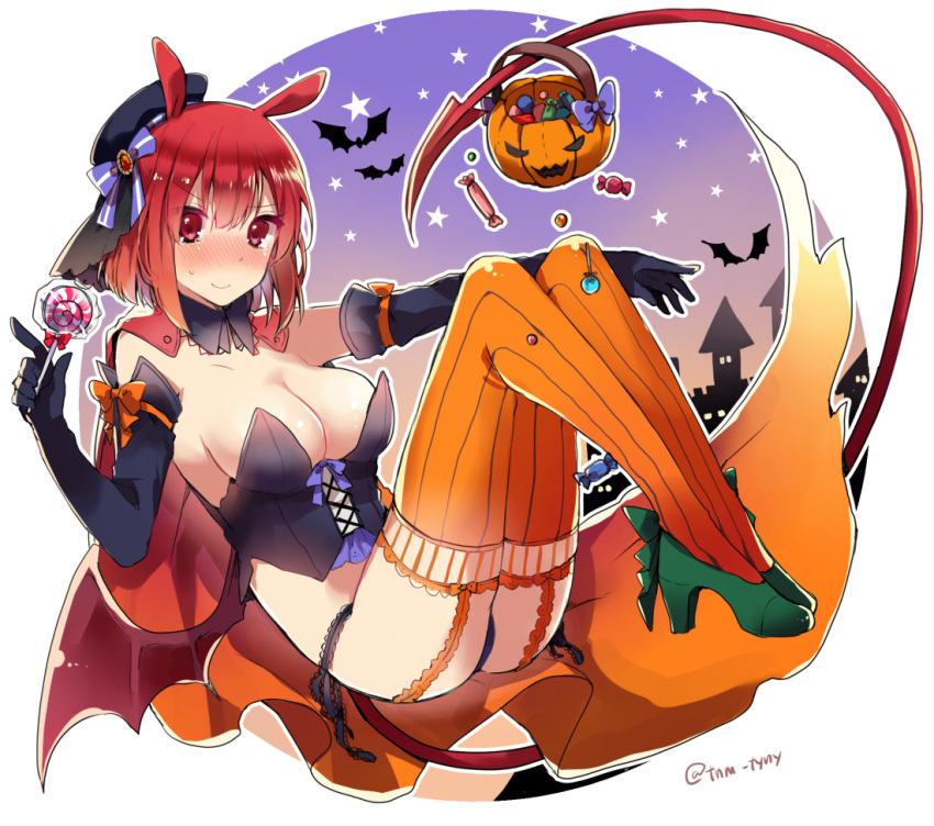 &gt;:) 1girl animal_ears bat black_panties blue_bow blush bow breasts brooch bustier candy cape cleavage closed_mouth demon_girl demon_tail demon_wings detached_collar food frilled_panties frills from_side garter_straps green_shoes halloween halloween_costume hat hat_bow high_heels jack-o'-lantern jewelry lollipop looking_at_viewer looking_to_the_side medium_breasts nose_blush orange_legwear original panties pantyshot prehensile_tail red_eyes redhead shoes short_hair sideboob sky solo star_(sky) starry_sky striped striped_legwear sweat tail tanuma_(tyny) tears thigh-highs underwear vertical-striped_legwear vertical_stripes wings