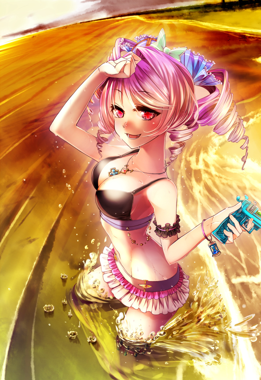 1girl arm_up beach bikini bikini_skirt bracelet breasts cleavage collarbone drill_hair gun highres holding holding_gun holding_weapon jewelry katia_(shironeko_project) long_hair medium_breasts necklace ocean open_mouth outdoors pink_hair red_eyes shironeko_project solo swimsuit symbol-shaped_eyes unier water_gun weapon