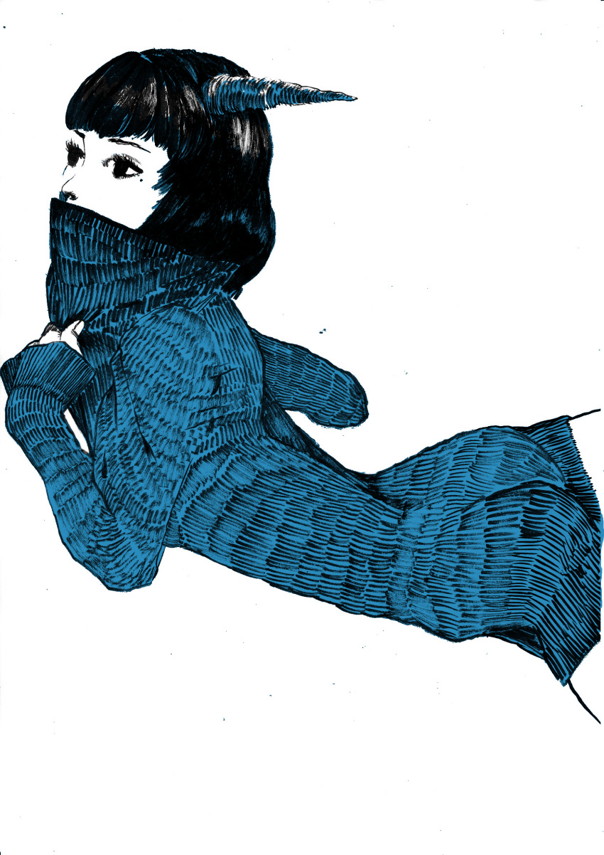1girl ass black black_hair blue blue_sweater calligraphy_brush_(medium) commentary_request covered_mouth from_side highres horns kamiya_allte limited_palette looking_to_the_side lying original ribbed_sweater simple_background sleeves_past_wrists solo sweater white_background