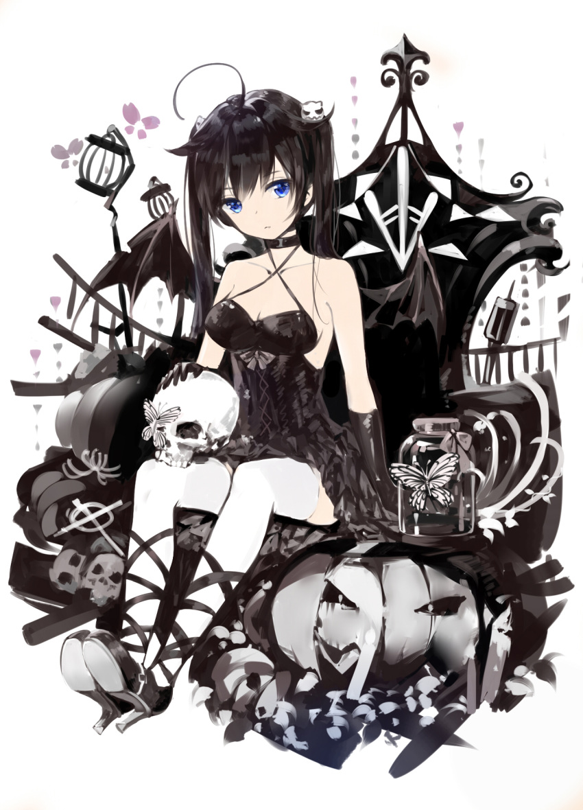 1girl ahoge alternate_color alternate_costume black_dress black_gloves black_hair black_wings blue_eyes breasts butterfly cleavage collarbone demon_wings dress gloves hair_ornament halloween highres kantai_collection long_hair medium_breasts pumpkin shigure_(kantai_collection) simple_background sitting skull solo twintails white_background wings yamano_(yamanoh)