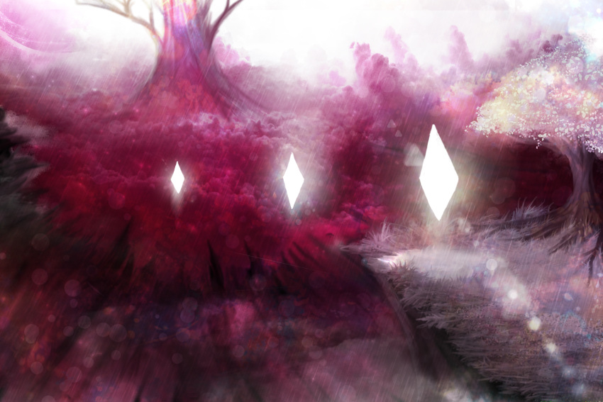 akyuun backlighting blurry cherry_blossoms commentary highres lens_flare light no_humans photoshop pink saigyou_ayakashi scenery texture touhou tree