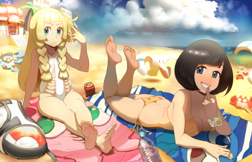 2girls arm_support ass barefoot beach beach_towel bikini black_hair blonde_hair blue_eyes blush bottle bracelet braid breast_press breasts butt_crack can cleavage clouds crossed_legs dratini feet feet_up female_protagonist_(pokemon_sm) finger_to_mouth idlecil jewelry krabby lillie_(pokemon) long_hair lying medium_breasts mew middle_finger multiple_girls naughty_face on_stomach one-piece_swimsuit piplup pokemon pokemon_(creature) pokemon_(game) pokemon_sm short_hair side-tie_bikini sitting skindentation smile soles squirtle swimsuit the_pose toe_scrunch toes towel twin_braids water_bottle wingull