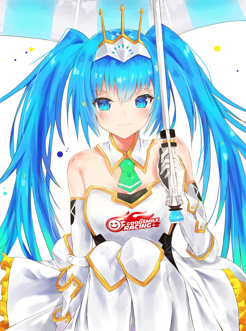 1girl bare_shoulders blue_eyes blue_hair breasts elbow_gloves gloves goodsmile_racing green_necktie hair_ornament hatsune_miku highres holding holding_umbrella long_hair looking_at_viewer necktie racequeen shiny shiny_skin short_necktie sitting small_breasts smile solo tr twintails umbrella vocaloid white_gloves