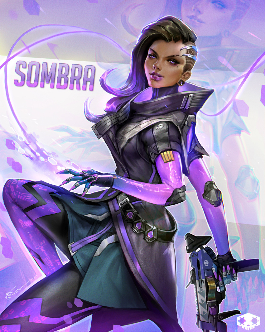 1girl absurdres black_hair character_name dark_skin eyeshadow gun high_collar highres jeremy_chong lipstick looking_at_viewer machine_pistol makeup mole mole_under_eye multicolored_hair overwatch purple_hair purple_lipstick realistic smile solo sombra_(overwatch) two-tone_hair undercut violet_eyes weapon